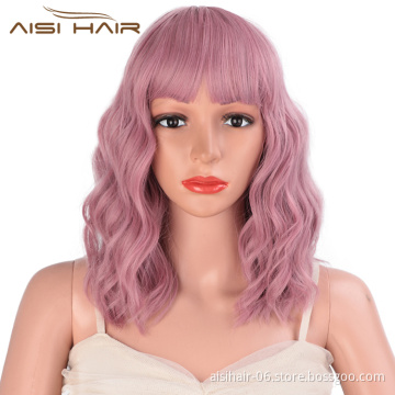 Aisi Hair Wholesale Hign Quality Synthetic Short Bob Pink Wig With Neat Bangs Short Curly Wave Wigs For Black Women